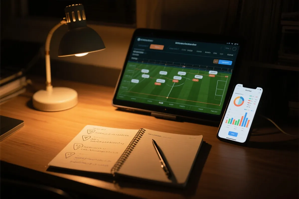 深夜书桌上的笔记与数据图表，旁边手机显示比赛事件流的氛围图